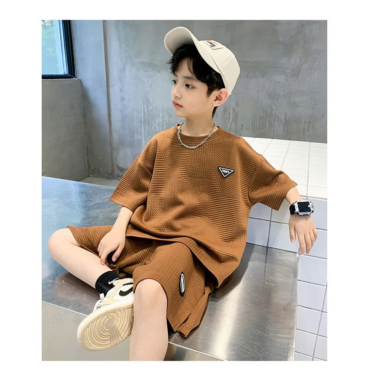 Summer Casual Boys Jacquard Loose T-Shirt Tops+Shorts Pant School Kids 2PCS Tracksuit Child Outfits Student Workout Set 3-14 Yr