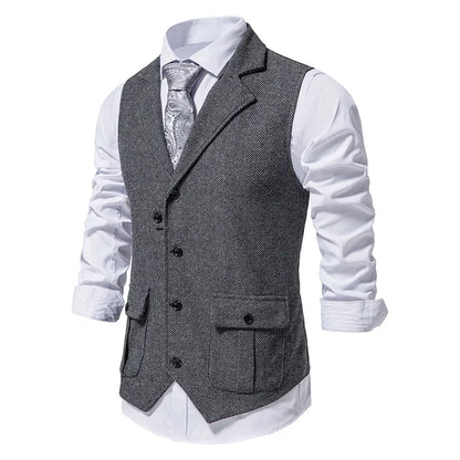 Tailored Collar Vest for Men Single Breasted Herringbone Tweed Suit Vest Mens Formal Striped Waistcoat Punk Groomsmen Wedding