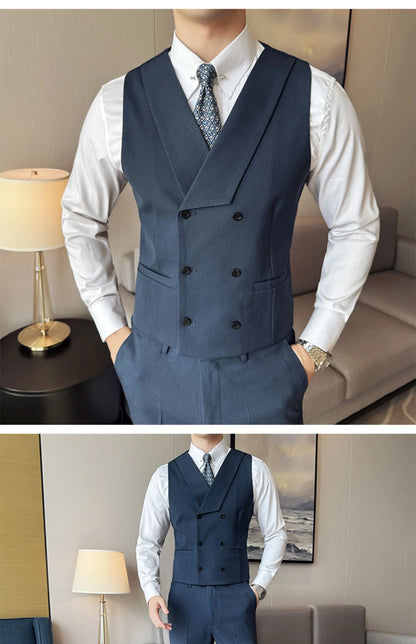( Vest + Pants) Double Breasted Stripe Suit Vest With Pants New Men Fashion Slim Business Casual Wedding Dress Vest 2 Pcs Sets