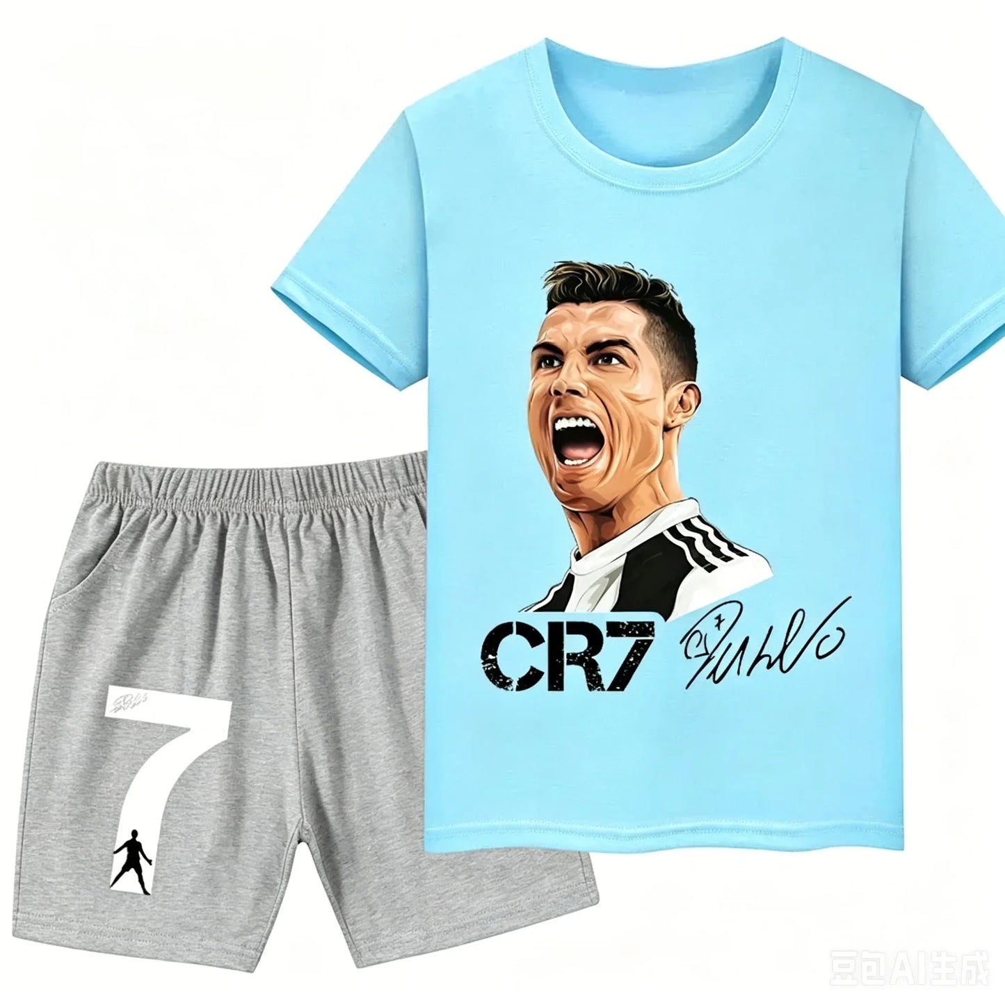 2026 Ronaldo Football Player CR7 Printed Children Clothing Casual T-shirt+Shorts 2pcs Sets Summer Kids Boys Fashion Sportsuits.