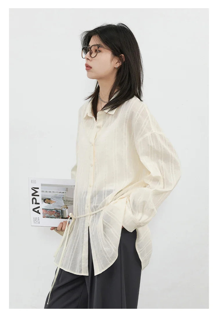 Women Shirt Textured Cotton Striped Waist Shirt Long Sleeves Female Sun Protection Blouses  Spring  Summer 2026