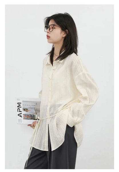 Women Shirt Textured Cotton Striped Waist Shirt Long Sleeves Female Sun Protection Blouses  Spring  Summer 2026