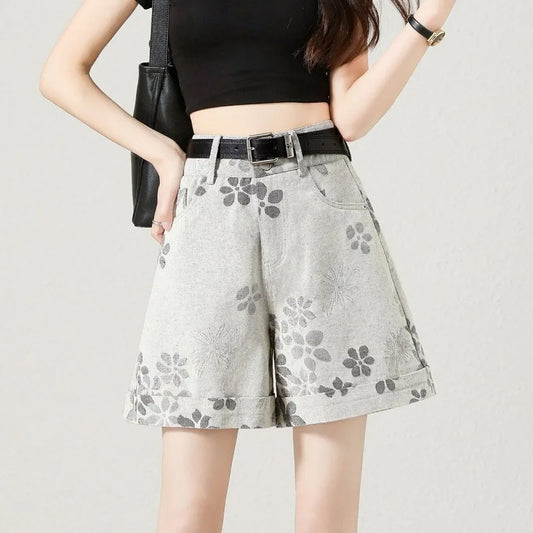 High Waist Floral Print Denim Shorts Women Roll Hem A Line Wide Leg Four Point Pants Summer