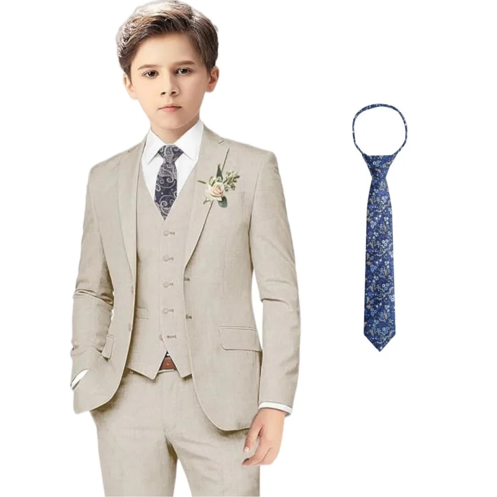 Hot Sale Boys Linen Suits 4 Pieces Jacket Vest Pants Tie For Summer Beach Wedding Breathable Kids Suit Set Birthday Party Wear