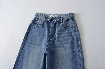 American Retro Cuffed High Waist Slimming Casual Denim Jeans Women's Autumn Versatile Loose Straight Leg Floor-Length Pants