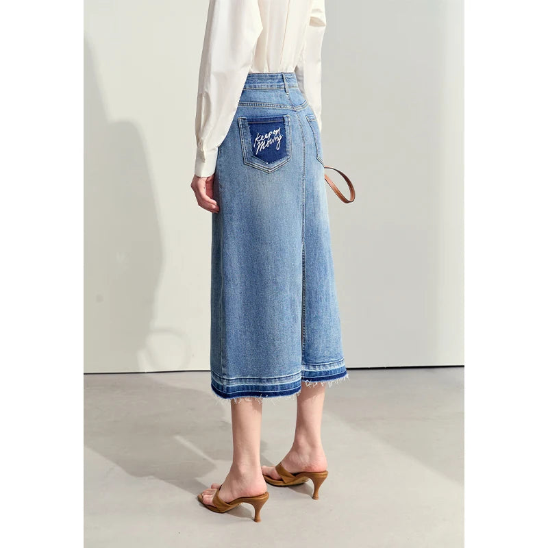 Minimalism 2024 Summer New Casual Denim Style Women Jeans Skirts Letters Embroidery Open Fork Female A-line Skirt 12442282