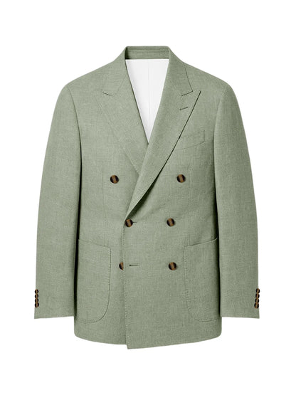 Men's Linen Double Breasted Blazer Peak Lapel Casual Business Suit Jacket With Patch Pockets For Daily Office Wear