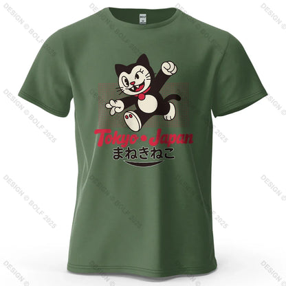 Tokyo Japan Maneki Neko Printed Men's T-Shirt 100% Cotton Oversized Cute Graphic Tees for Women Tops Tees Streetwear