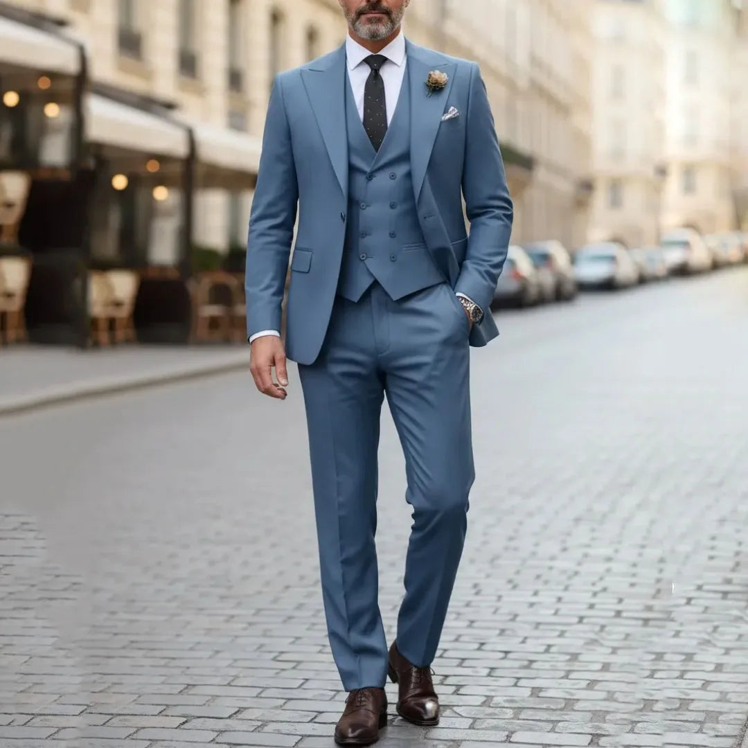 Men Suit Gray 3 Pieces Solid With Lapel For Wedding Groom Party Prom Birthday Banquet Business Work Set Jacket Vest With Pants