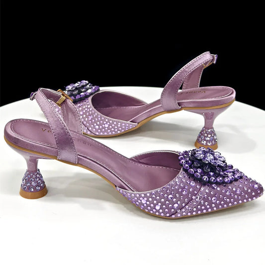 2025 Italian Luxury Rhinestone Taro Purple Pointed Toe High Heel Shoe & Bag Set for Women - Perfect for Parties