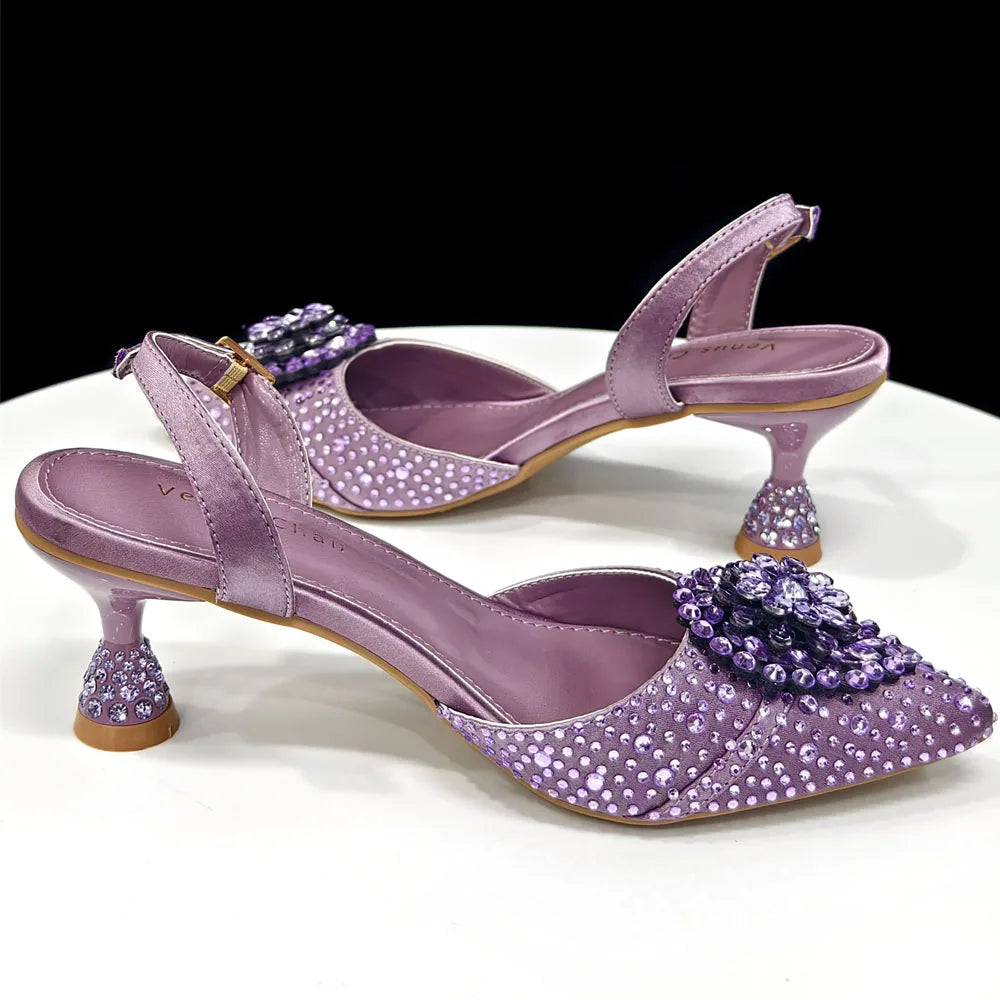 Blue Color Rhinestone Comfortable high heel shoe And Bag Fashion Style Pointed-Toe Shoes For Women Or Commuting Shoes