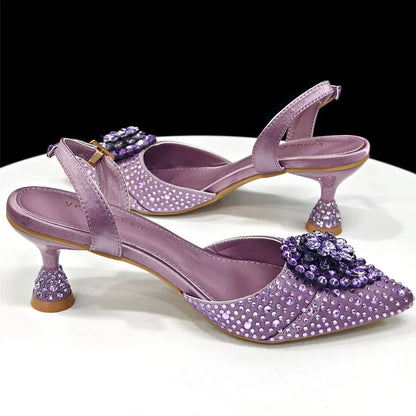 Blue Color Rhinestone Comfortable high heel shoe And Bag Fashion Style Pointed-Toe Shoes For Women Or Commuting Shoes