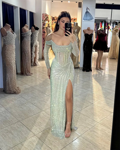 Dubai customized Silver Shiny Prom Dress With Sleeve Off Shoulder Vestidos de noche Side High Split Formal event dress