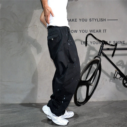 ‌Japanese Premium Vintage Distressed Paint Splash Cargo Pants Men Streetwear Loose Casual Straight Leg Haram Trousers Trendy