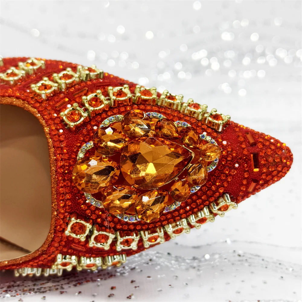 Popular Pointed Women Shoes Heels and Bags Rhinestone Chain Ladies Wedding Party Elegant and Luxurious Fashion