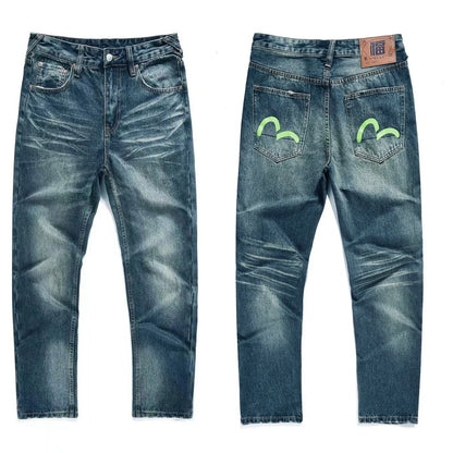 Japanese Handmade Embroidered Jeans Men's Pure Cotton Straight Tube Hip-Hop Popular Slim Red Ears Show Thin Trousers Devil Big M