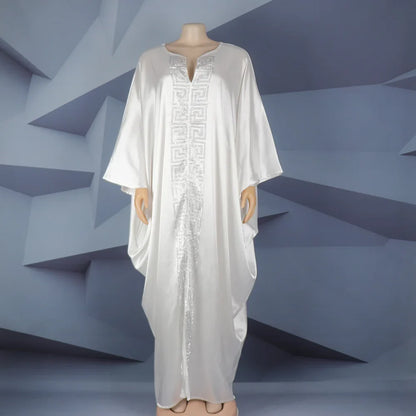 Fashion African Woman Large Size Bat Sleeve Dress Muslim Islamic Style Robe Imitation Silk Hot Fix Rhinestone