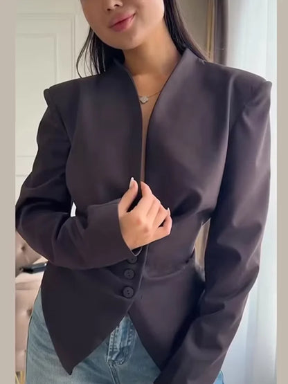 Chic Pleated Waist Cinched Women's Jacket V Neck Single Breasted Lace Up Blazer Coat Lady 2026 Casual Slim Commute Outerwear