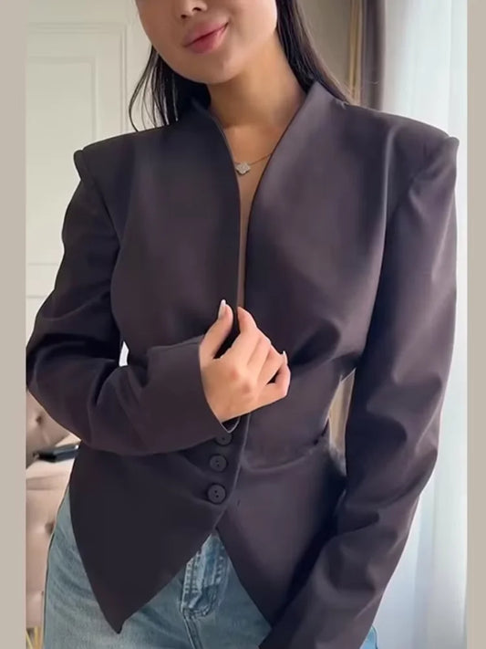 Chic Pleated Waist Cinched Women's Jacket V Neck Single Breasted Lace Up Blazer Coat Lady 2026 Casual Slim Commute Outerwear