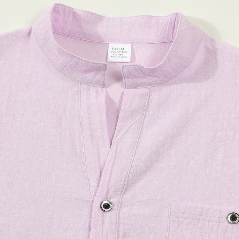 Men Mandarin Collar Long Sleeve Henley Cotton Linen Shirt Chest Pocket Breathable Beach Travel Daily Casual V Neck Top