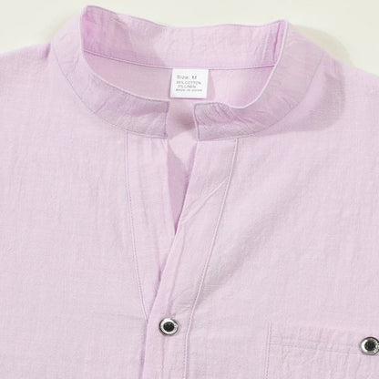 Men Mandarin Collar Long Sleeve Henley Cotton Linen Shirt Chest Pocket Breathable Beach Travel Daily Casual V Neck Top