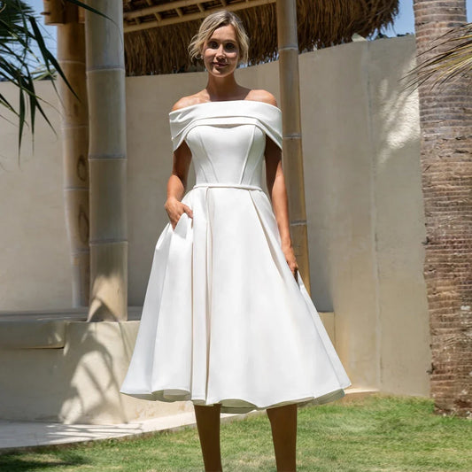 Short Wedding Dress Detachable Off Shoulder Customized Sweetheart Back Zipper Buttons A Line Tea Length Bridal Gown for Bride