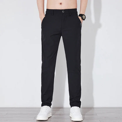 Summer Silk Stretch Smooth Trousers Men Business Elastic Waist Korean Classic Thin Cool Black Gray Casual Suit Pants Male Brand