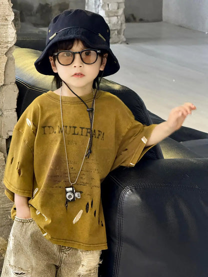 2026 Summer New Boys' Distressed Tie Dye Short Sleeved T-Shirt Junior Sizes Stylish Trendy Kids' Apparel