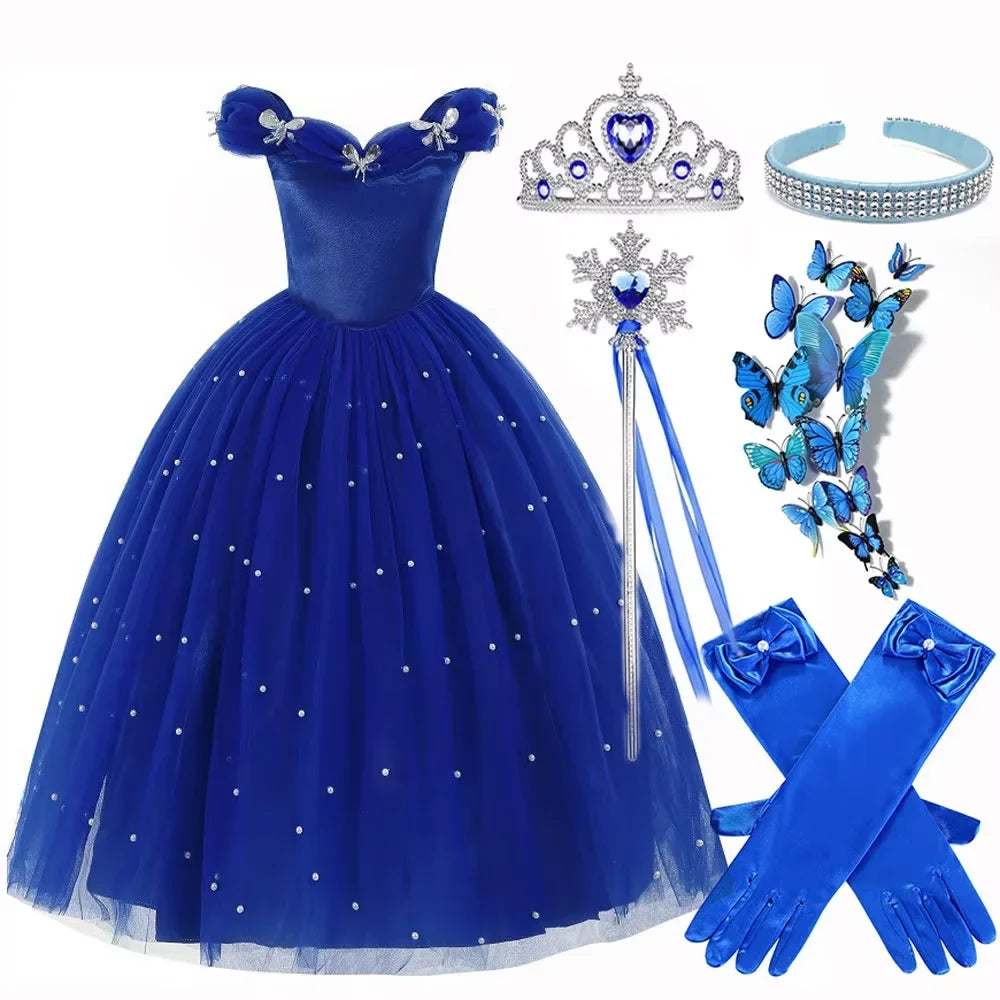 Cinderella Princess Same Cosplay Style Dark Blue Girl Luxury Dress Off-Shoulder Puff Skirt Christmas Party Gift Dress Set
