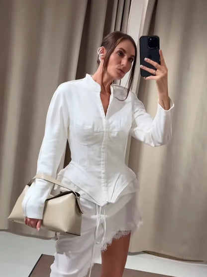 Elegant White Women's Long Sleeve Top Slim Fit Corset Bustier Shirt Casual Office Party Streetwear Y2K Fashion Outerwear 2026