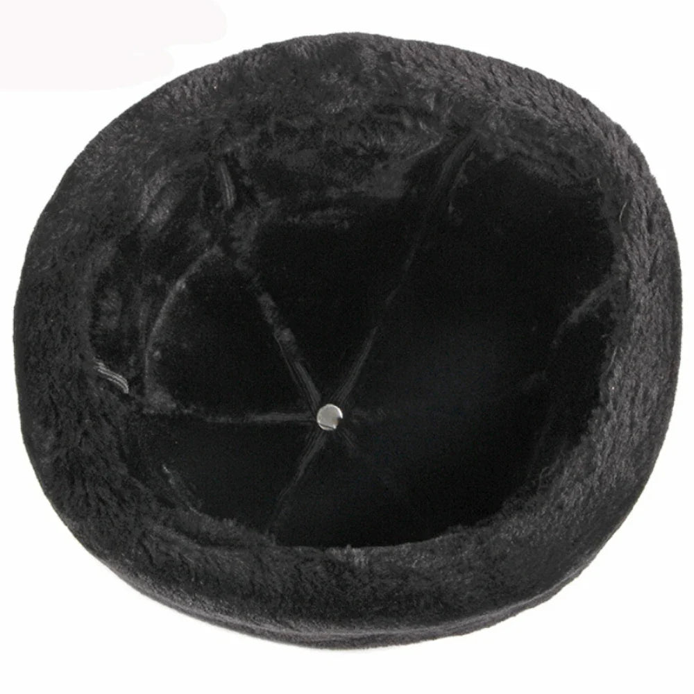 High Quality Autumn Winter Cap Hat PU Leather Thick Warm Pilot Hat Solid Black Fleece Lined Russian Cap 6 Panels Fur Hat