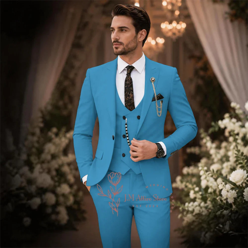 Sage Green Suit Men's 3 Piece Set Peak Lapel Jacket Vest Pants Custom Slim Fit for Wedding Groom Cocktail Party Tuxedo