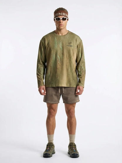 Men's Wasteland Style Long Sleeve T-Shirt - Distressed Digital Print & Loose Elastic Fit Casual Top Unisex