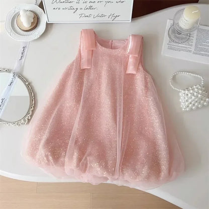 Summer New Girls' Sequined Lace Bow Bubble Princess Dress Korean Version Fashionable Solid Color Kids Clothes 2-7 Years Old