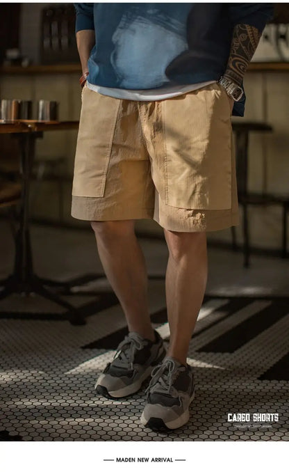 Maden Outdoor Quick-Dry Khaki Cargo Shorts Men's Summer Lightweight Woven Straight Leg Beach Pants Elastic Waist Pocket Shorts