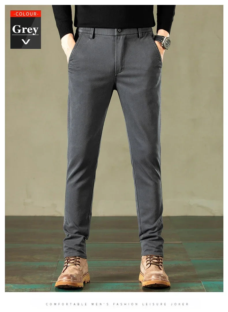 2024 Spring New Men's Casual Pants Brand Clothing Business Elastic Waist Thick Classic Slim Trousers Male Black Grey Brow