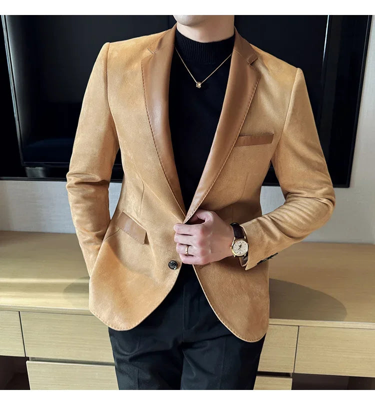 High Quality Deerskin Velvet Splicing Leather Collar Suit Blazers Men Casual Business Slim Coats Mens Social Wedding Clothing