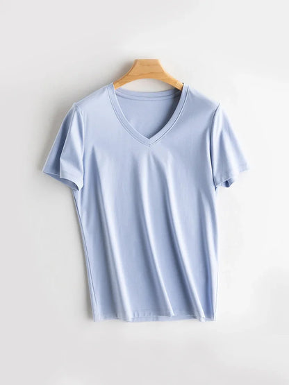 Women Solid T shirts, Silk Cotton Blend, O Neck, Short Sleeved Solid Tee,2025 Summer Candy Colors Basic Cozy Top Green