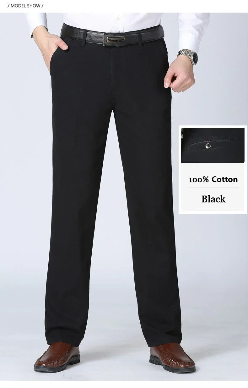 100% Cotton Spring Summer Middle-aged Cargo Trousers Men's Straight Slacks High Waists Thin Thick Breathable Male Suit Pants