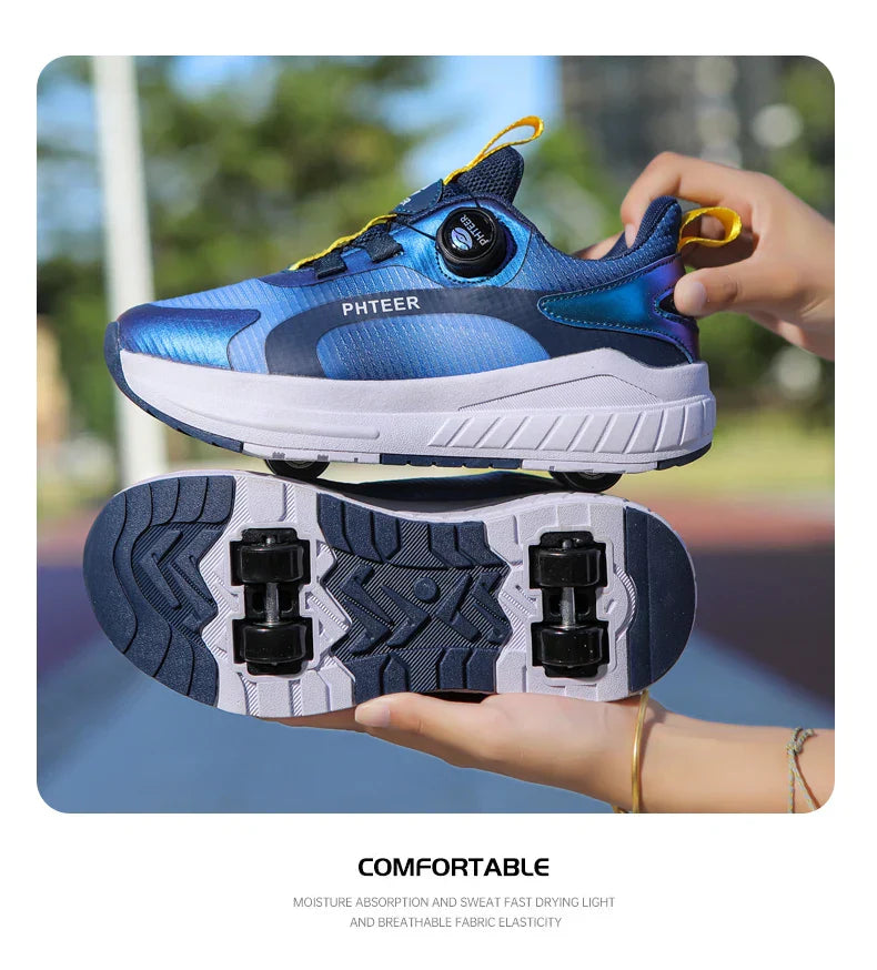 Kids Two Wheels Roller Skating Shoes With Light Magic Stick Walking Shoes Detachable Wheels Roller Skate Shoes For Teenagers