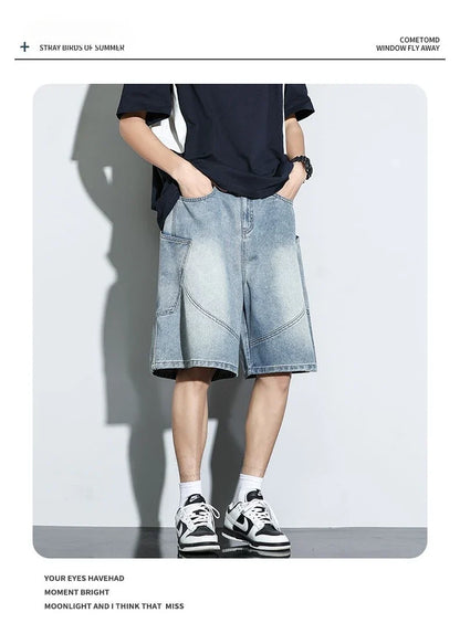 Summer New Baggy Denim Shorts Fashion Casual Straight Harajuku Jeans Male Vintage Wash Drawstring Short Pants Streetwear