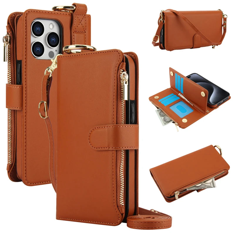 Multifunction Card Slots Holder Zipper Wallet Flip Phone Case for IPhone 15 14 13 12 11 Pro Max Plus XS XR X 15Pro Strap Cover