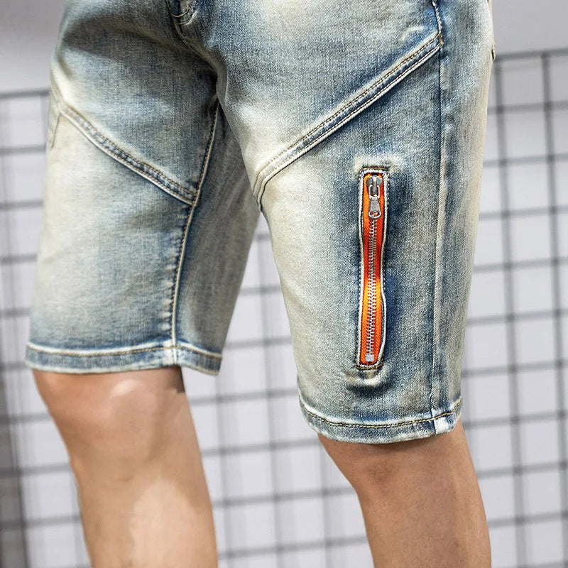 Summer Men's Denim Shorts Retro Motorcycle Elastic Cotton Fashion Knee Length Short Jeans Zipper Hip Hop Rock Streetwear