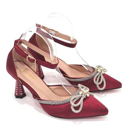 2023 Ladies Pointed-Toe Party High Heels Magenta Colour Bow Rhinestone Stereo Bag Evening  African Wedding Shoe And Bag Set
