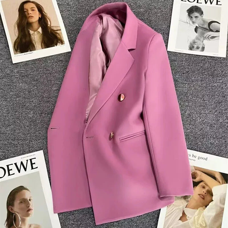 Casual Small Suit Jacket Women Fashion Loose Metal Double-Breasted Blazer Coat Korean Occupation Office Formal Lapel Blazers