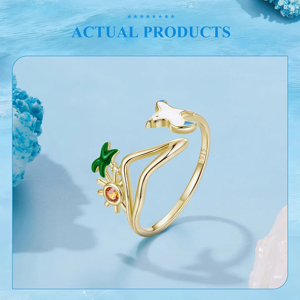 925 Sterling Silver Seagull & Island Open Ring, Adjustable Beach Vacation Rings Boho Style Jewelry with Green Palm