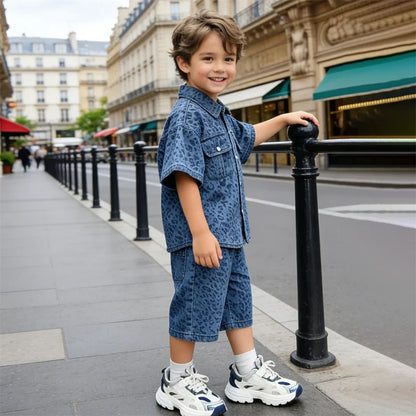 Trend Kids Boy Summer Leopard Denim Suit Two Piece Outfit Set y2k Denim Shirt And Shorts Clothing Set for Baby Child Streetwear
