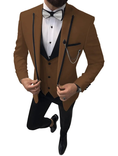 Men Suits Slim Fit One Button Casual Business Groomsmen Brown Peak Lapel Tuxedos For Formal Wedding (Blazer+Pants+Vest)