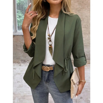 New Women's Long Sleeve Jacket Solid Color Fashionable Drawstring Short Lapel Jacket