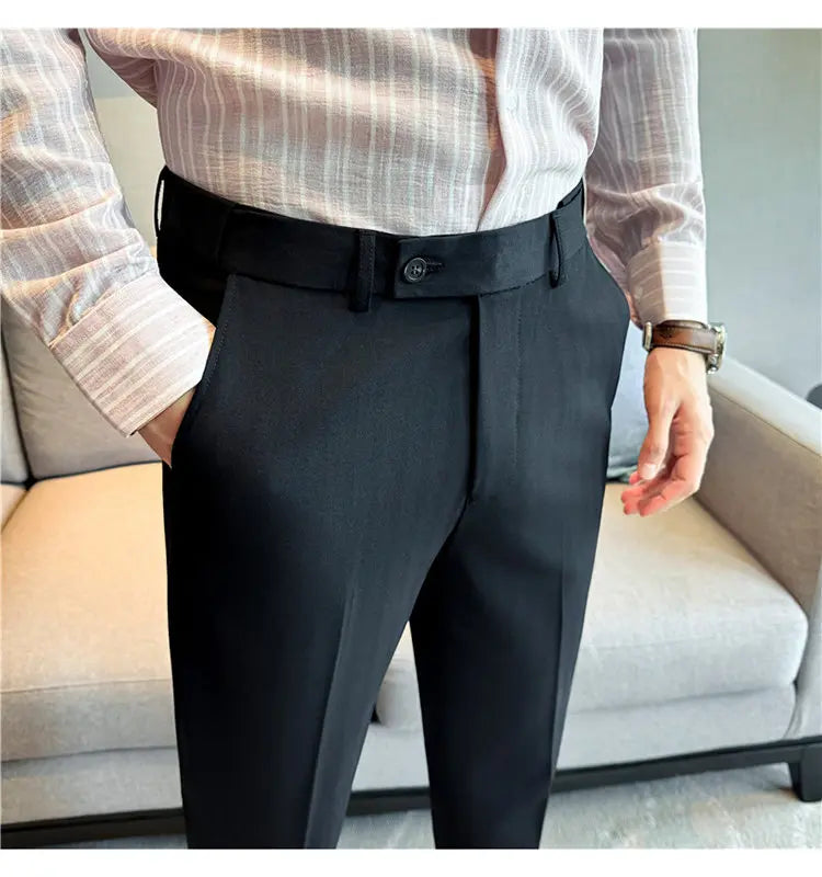 Autumn Winter Thicken Elastic Waist Casual Suit Pants High Quality Men Woven Dark Striped Slim Fit Office Social Dress Trousers